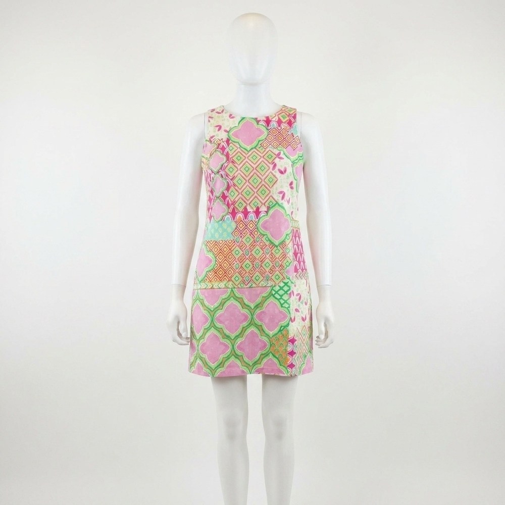 NEW LONDON TIMES sleeveless shift dress in pink patchwork